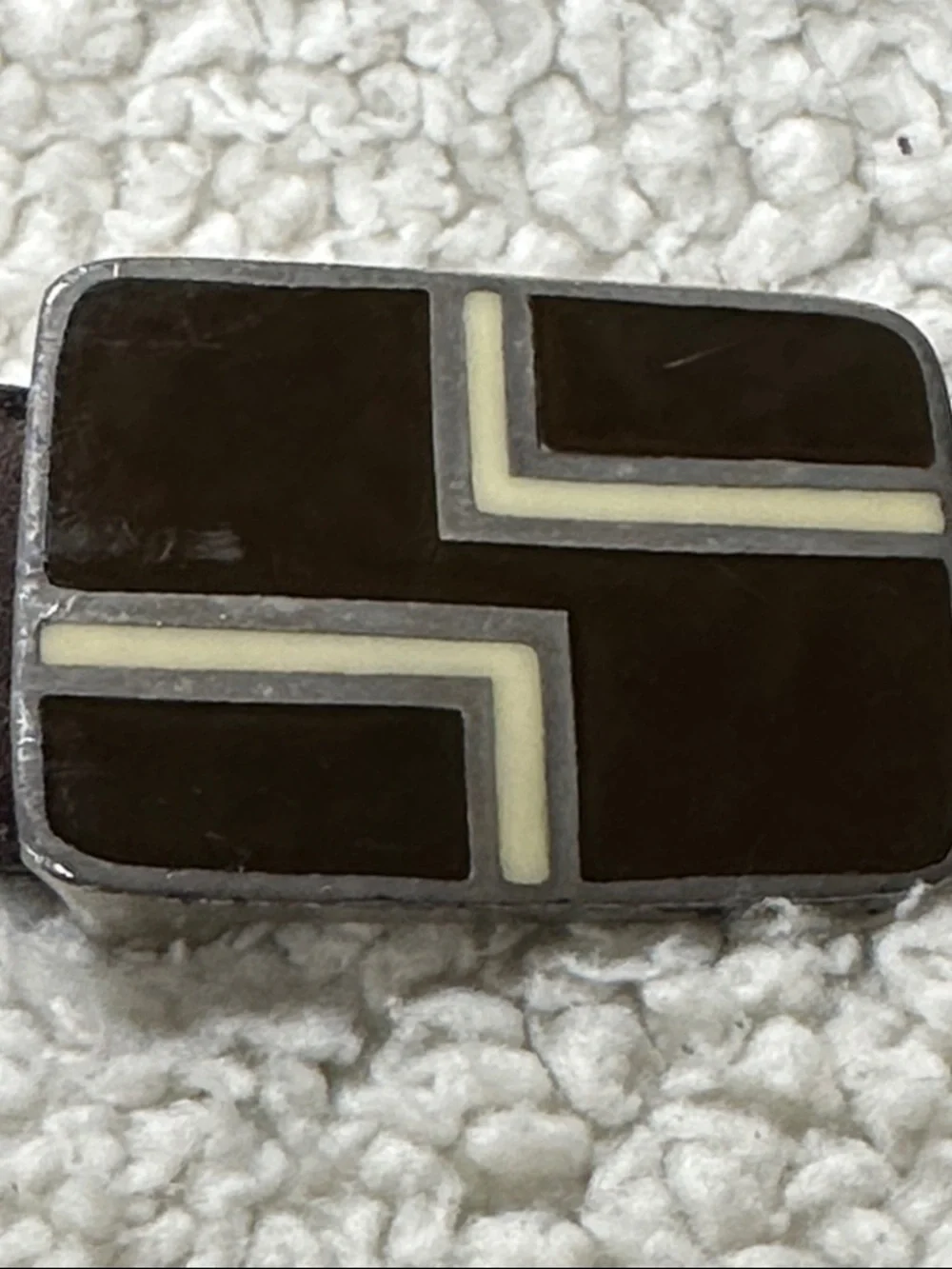 Slim Brown Belt with Geometric Inlay in Silver Tone Buckle